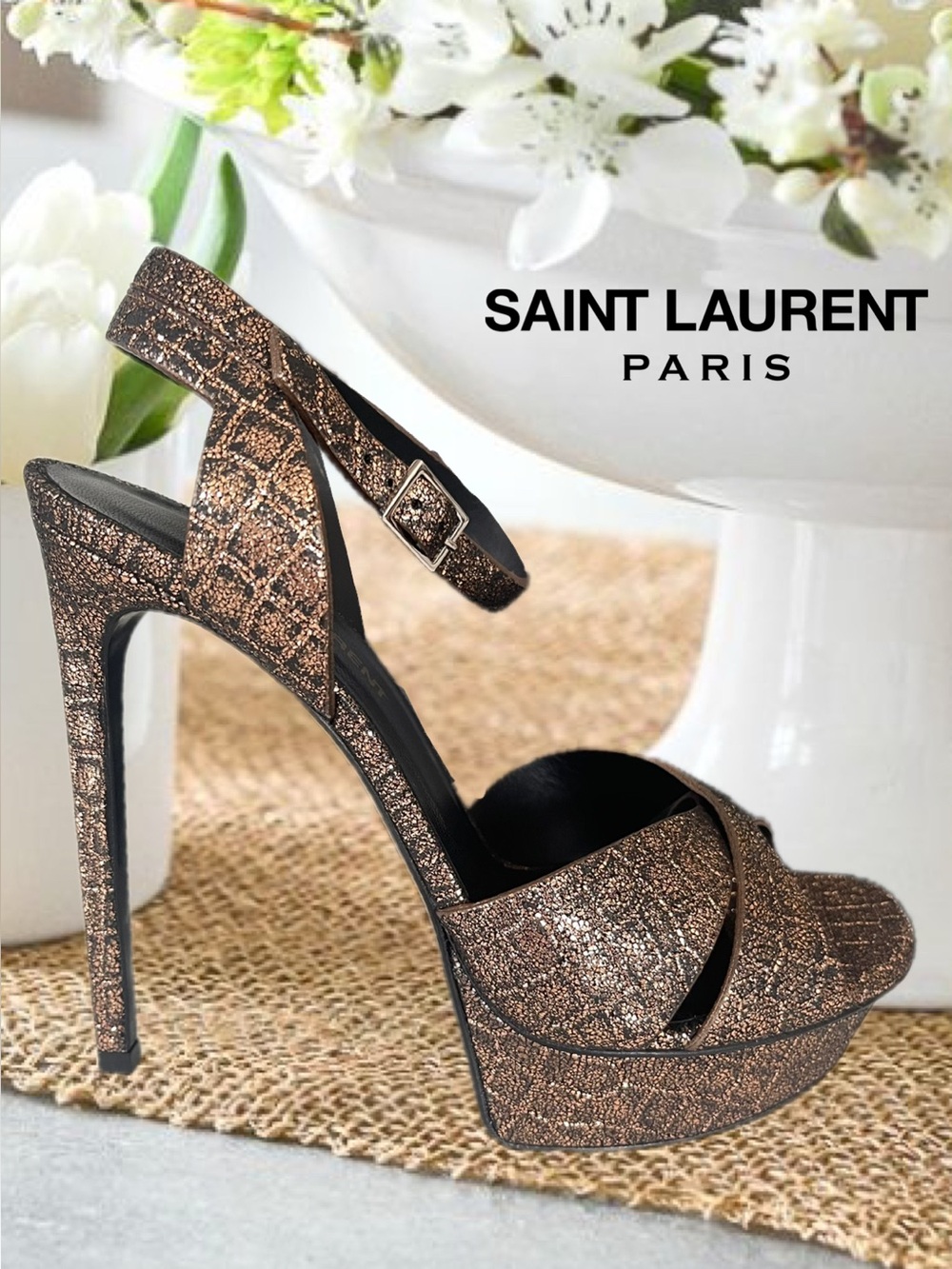 NEW IN BOX SAINT LAURENT METALLIC PYTHON SANDALS